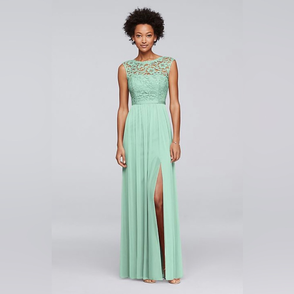 David’s Bridal Mint Sleeveless Long Mesh Dress with Lace